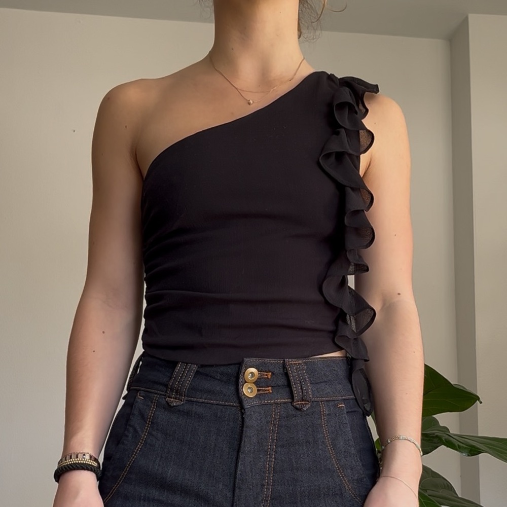 Black One-Shoulder Ruffle Top